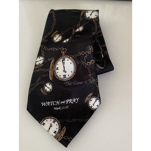 Appointed Apparel Watch and Pray Black Gold Christian Silk Tie Vintage 4" x 59" - Picture 6 of 16